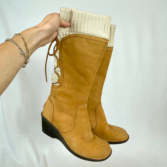 UGG Shoes - UGG - Skylar Wedge Tan Suede Leather Lace Up Knee High Boots